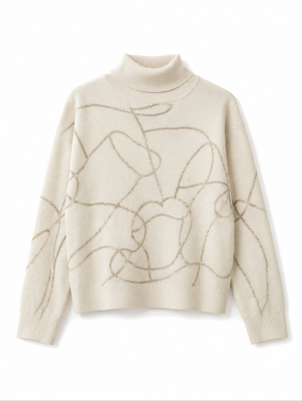 J.ING Cream Turtleneck Sweater with Tan Abstract Line Design